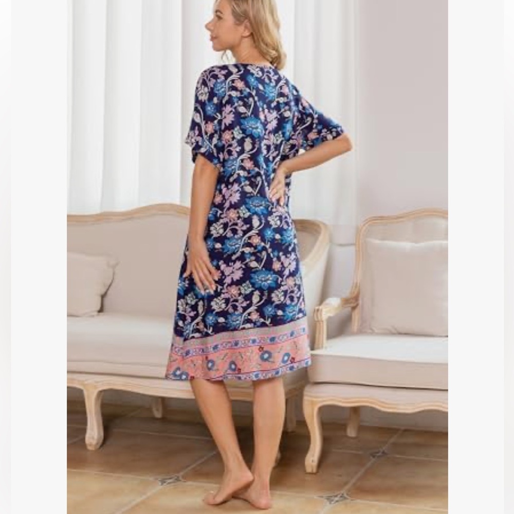 Amazon Women’s XL Multi Blue Floral V-Neck SS Button Up House Midi Dress NWOT - Picture 9 of 16